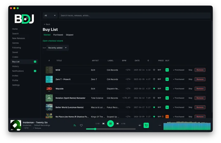 BDJ Buy List: wanted tracks with their prices, each one a click from Bandcamp, with Purchased and Skip for bookkeeping