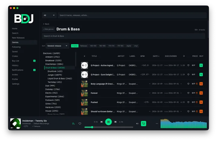 BDJ genres screen: Drum & Bass with its sub-genres, BPM bands and a dense track list with BPMs, dates and buy buttons