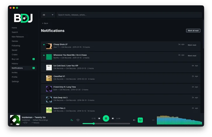 BDJ notifications: new releases from the artists and labels you follow, each with its cover, label, date and track count