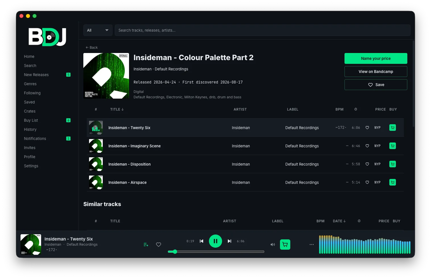 BDJ release screen: Insideman — Colour Palette Part 2, with the tracklist, BPMs and the buy button, and the player bar with the equaliser